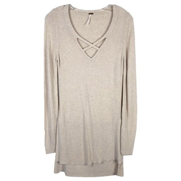 Free People XS Tunic Sweater Top‎ Tan Strappy V Neck Side Slits Knit Solid 115 - Picture 8 of 8